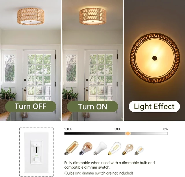Alt view image 3 of 7 - Rattan Ceiling Light 12.6" Boho Ceiling Light Fixture Bohemian
