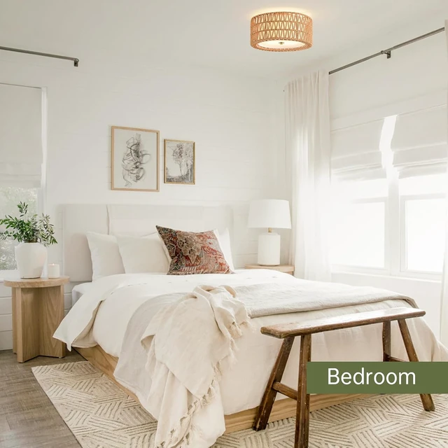 Alt view image 7 of 7 - Rattan Ceiling Light 12.6" Boho Ceiling Light Fixture Bohemian