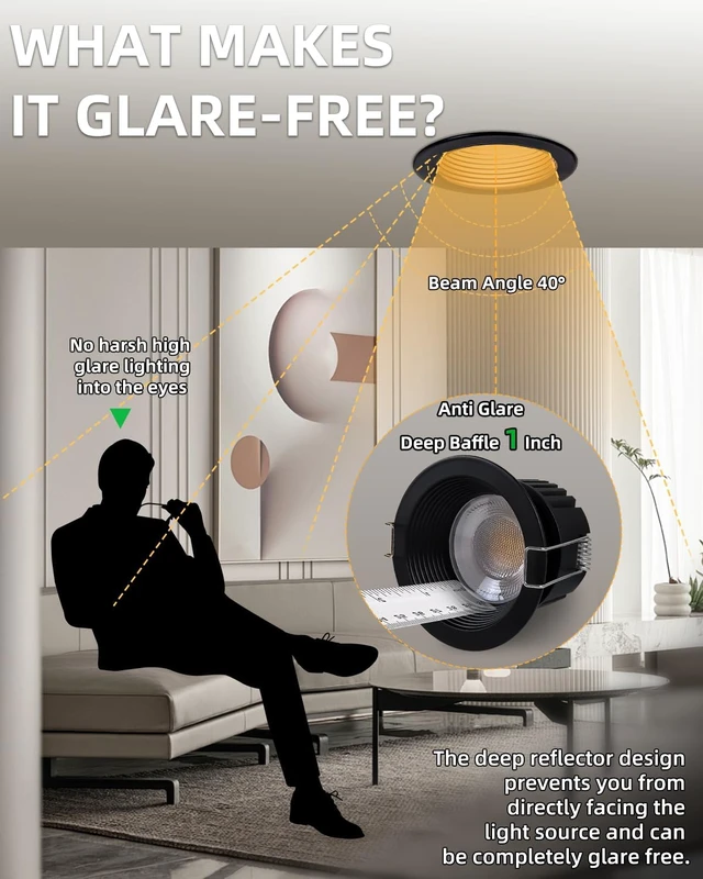 Alt view image 6 of 7 - zouzai 12 Pack 3" Anti-Glare LED Recessed Lights, Black, 5CCT, 12W 1260LM