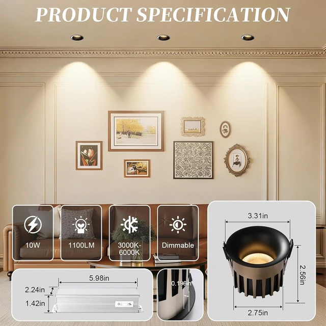 Alt view image 2 of 7 - 3 Inch LED Recessed Lights, Dimmable, 3CCT, CRI98, Trimless Ceiling Light