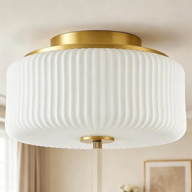 Main image of Gold Flush Mount Ceiling Light, 12" Ribbed Milk White Glass Enclosed Shade