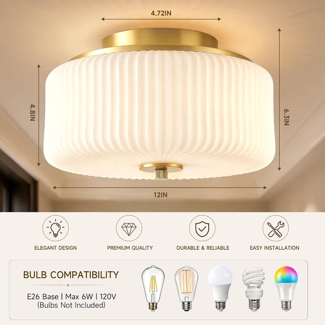 Alt view image 2 of 7 - Gold Flush Mount Ceiling Light, 12" Ribbed Milk White Glass Enclosed Shade
