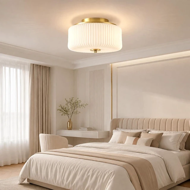 Alt view image 3 of 7 - Gold Flush Mount Ceiling Light, 12" Ribbed Milk White Glass Enclosed Shade