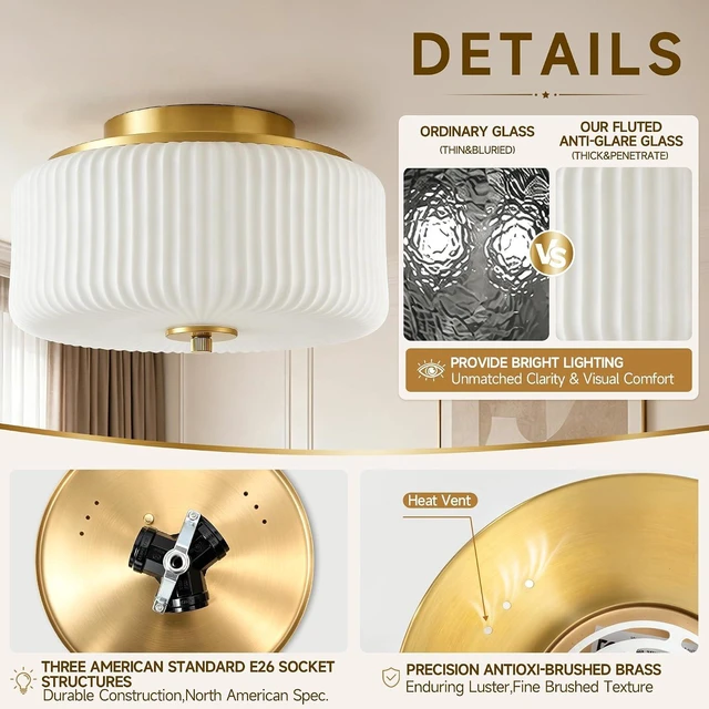 Alt view image 4 of 7 - Gold Flush Mount Ceiling Light, 12" Ribbed Milk White Glass Enclosed Shade