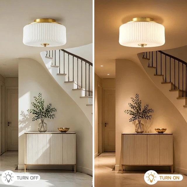 Alt view image 5 of 7 - Gold Flush Mount Ceiling Light, 12" Ribbed Milk White Glass Enclosed Shade