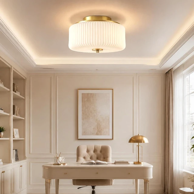 Alt view image 7 of 7 - Gold Flush Mount Ceiling Light, 12" Ribbed Milk White Glass Enclosed Shade