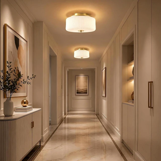 Alt view image 6 of 7 - Gold Flush Mount Ceiling Light, 12" Ribbed Milk White Glass Enclosed Shade