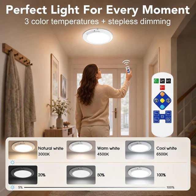 Alt view image 3 of 7 - Rechargeable Motion Sensor Ceiling Light, Wireless LED Battery Operated Ceiling Lamp with Remote, 3CCT Color Changing Dimmable Flush Mount Light for Closet, Pantry, Hallway and Stairway, 6 Pack