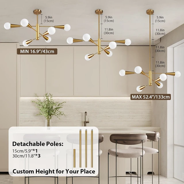 Alt view image 5 of 7 - KAISITE Sputnik Chandelier Modern Gold Chandelier 6-Light E26 Mid Century Ceiling Light Fixture Height Adjustable Hanging Pendant Lighting for Dining Room Kitchen Island Bedroom Office