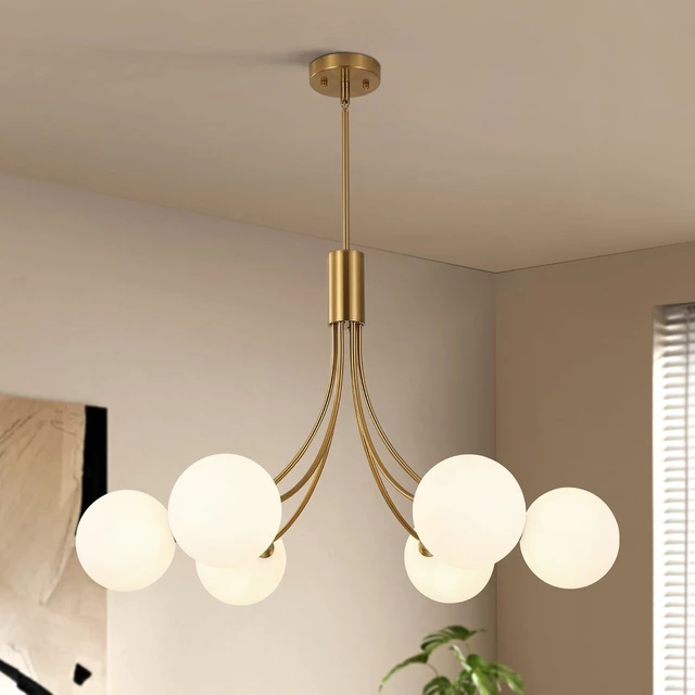 Main image of CNRATYE 6-Light Modern Farmhouse Gold Chandeliers for Dining Room Light Fixture, Mid Century Hanging Sputnik Chandelier for Living Room Kitchen Island Bedroom Foyer, Milk White Globe Glass Shade