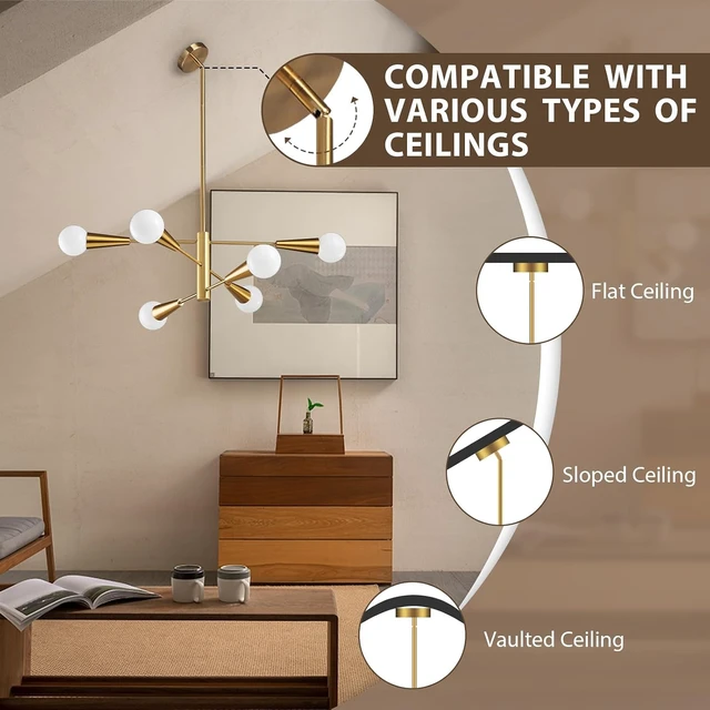 Alt view image 6 of 7 - KAISITE Sputnik Chandelier Modern Gold Chandelier 6-Light E26 Mid Century Ceiling Light Fixture Height Adjustable Hanging Pendant Lighting for Dining Room Kitchen Island Bedroom Office