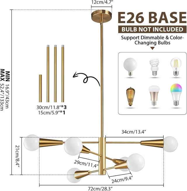 Alt view image 4 of 7 - KAISITE Sputnik Chandelier Modern Gold Chandelier 6-Light E26 Mid Century Ceiling Light Fixture Height Adjustable Hanging Pendant Lighting for Dining Room Kitchen Island Bedroom Office