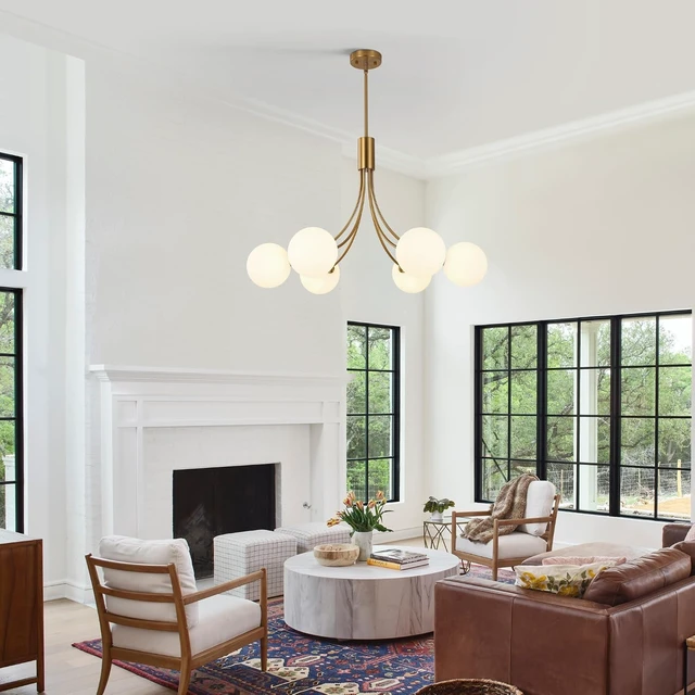 Alt view image 3 of 7 - CNRATYE 6-Light Modern Farmhouse Gold Chandeliers for Dining Room Light Fixture, Mid Century Hanging Sputnik Chandelier for Living Room Kitchen Island Bedroom Foyer, Milk White Globe Glass Shade