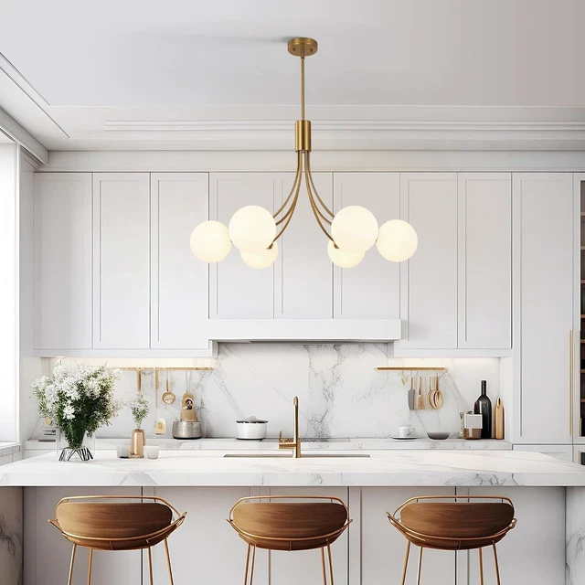Alt view image 4 of 7 - CNRATYE 6-Light Modern Farmhouse Gold Chandeliers for Dining Room Light Fixture, Mid Century Hanging Sputnik Chandelier for Living Room Kitchen Island Bedroom Foyer, Milk White Globe Glass Shade