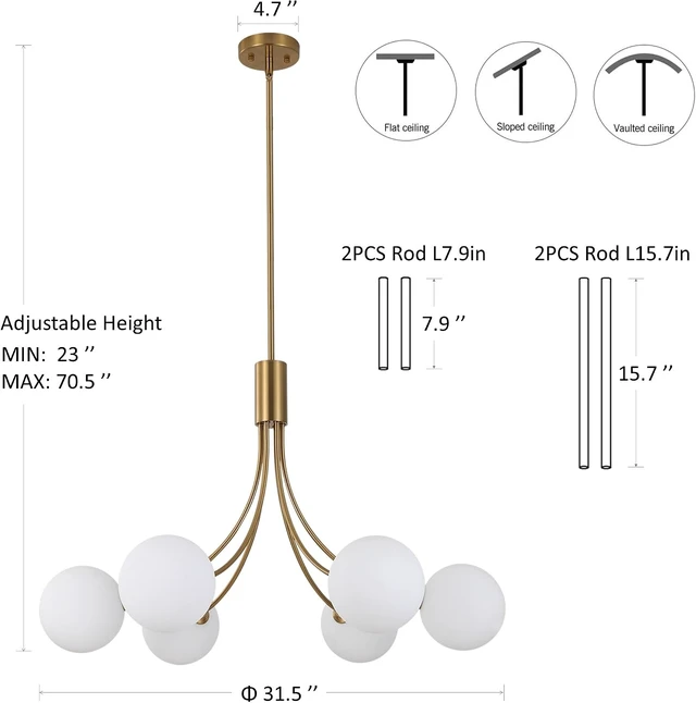 Alt view image 6 of 7 - CNRATYE 6-Light Modern Farmhouse Gold Chandeliers for Dining Room Light Fixture, Mid Century Hanging Sputnik Chandelier for Living Room Kitchen Island Bedroom Foyer, Milk White Globe Glass Shade