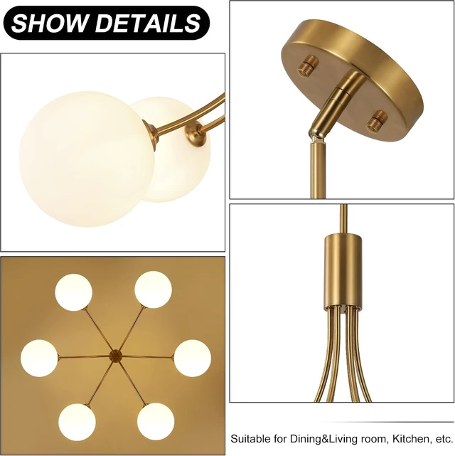 Alt view image 7 of 7 - CNRATYE 6-Light Modern Farmhouse Gold Chandeliers for Dining Room Light Fixture, Mid Century Hanging Sputnik Chandelier for Living Room Kitchen Island Bedroom Foyer, Milk White Globe Glass Shade