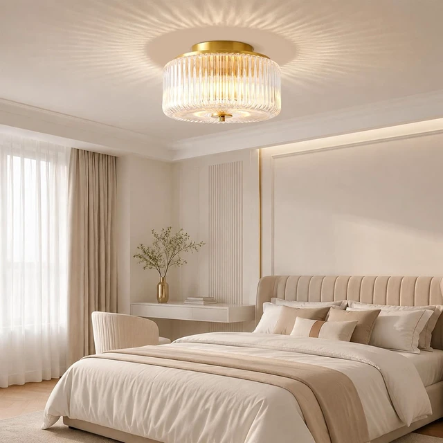Alt view image 6 of 7 - Gold Flush Mount Ceiling Light for Entryway, 12'' Ribbed Clear Glass Shade