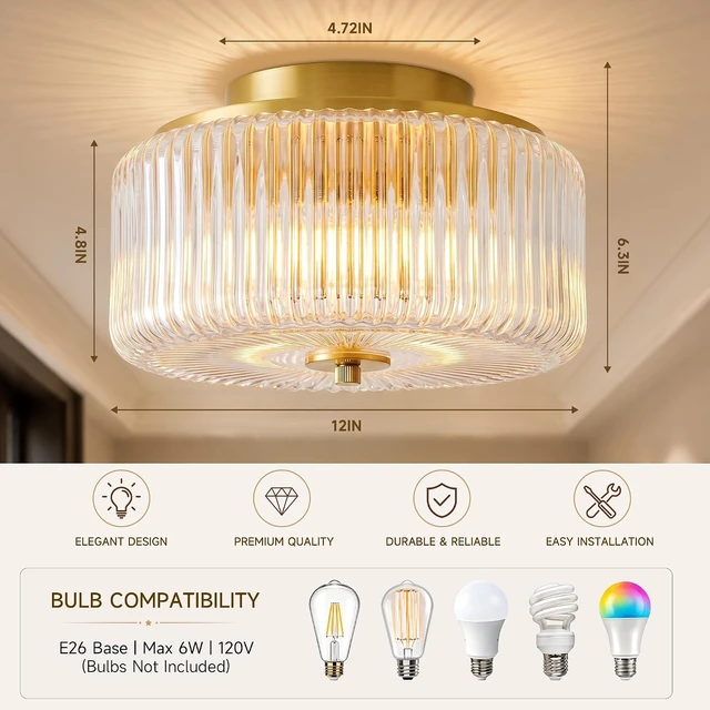Alt view image 2 of 7 - Gold Flush Mount Ceiling Light for Entryway, 12'' Ribbed Clear Glass Shade