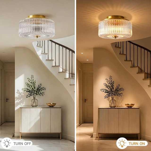 Alt view image 3 of 7 - Gold Flush Mount Ceiling Light for Entryway, 12'' Ribbed Clear Glass Shade