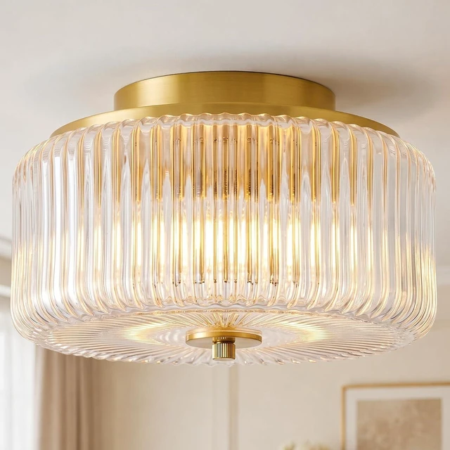 Main image of Gold Flush Mount Ceiling Light for Entryway, 12'' Ribbed Clear Glass Shade