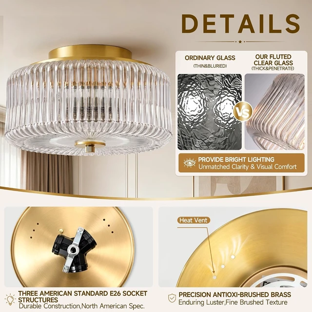Alt view image 5 of 7 - Gold Flush Mount Ceiling Light for Entryway, 12'' Ribbed Clear Glass Shade
