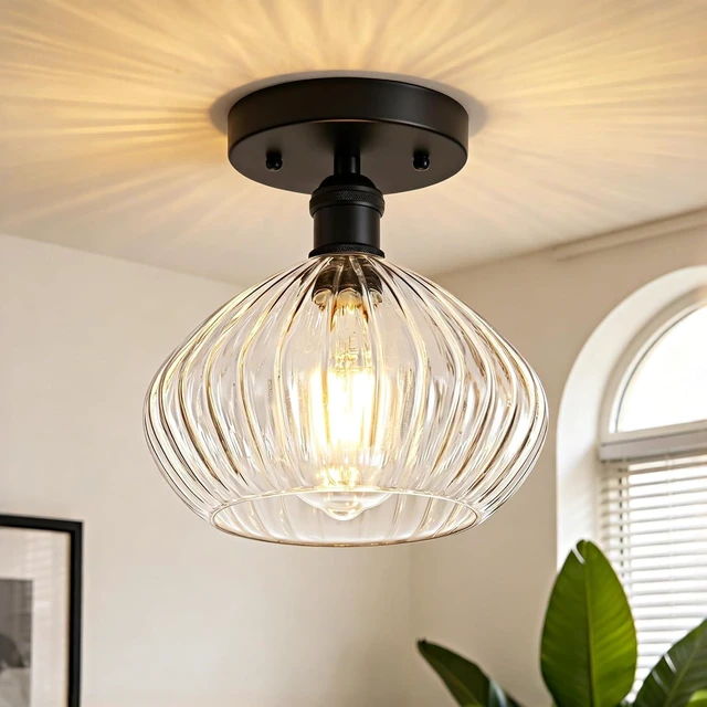 Main image of 8" Semi Flush Mount Ceiling Light, Black Glass Hallway Lighting Fixtures