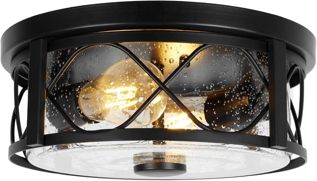 Main image of Rustic Close to Ceiling Light Fixtures, Farmhouse Flush Mount Ceiling Lighting, Metal Cage Lighting with Seeded Glass Black Cage for Home Kitchen Dining Room Bedroom Hallway Entryway Foyer