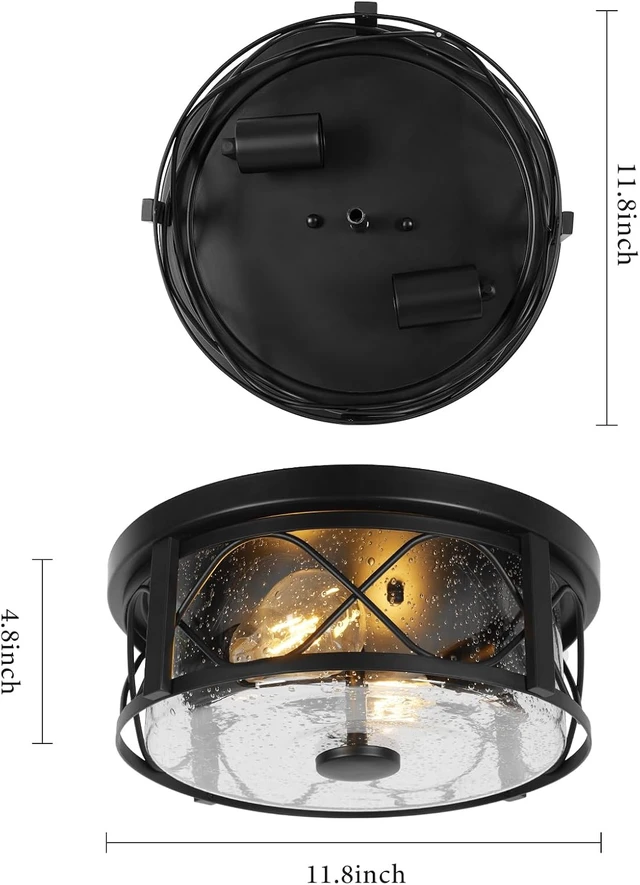 Alt view image 2 of 7 - Rustic Close to Ceiling Light Fixtures, Farmhouse Flush Mount Ceiling Lighting, Metal Cage Lighting with Seeded Glass Black Cage for Home Kitchen Dining Room Bedroom Hallway Entryway Foyer