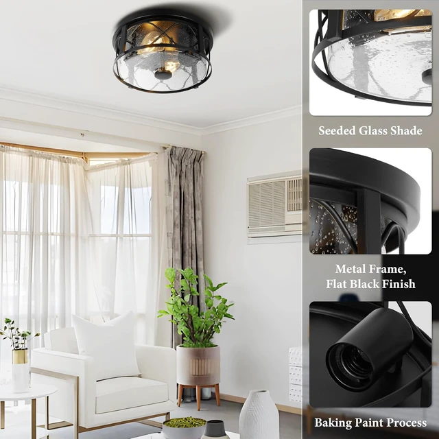 Alt view image 3 of 7 - Rustic Close to Ceiling Light Fixtures, Farmhouse Flush Mount Ceiling Lighting, Metal Cage Lighting with Seeded Glass Black Cage for Home Kitchen Dining Room Bedroom Hallway Entryway Foyer
