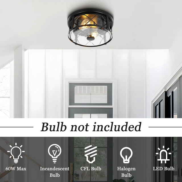 Alt view image 4 of 7 - Rustic Close to Ceiling Light Fixtures, Farmhouse Flush Mount Ceiling Lighting, Metal Cage Lighting with Seeded Glass Black Cage for Home Kitchen Dining Room Bedroom Hallway Entryway Foyer