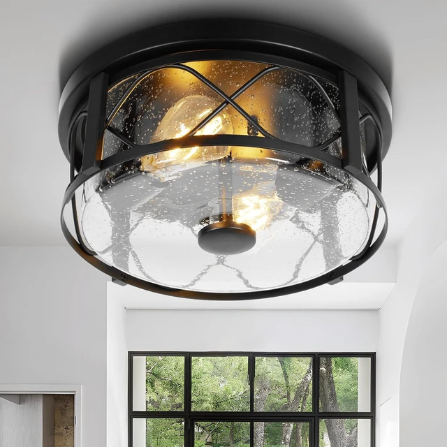 Alt view image 5 of 7 - Rustic Close to Ceiling Light Fixtures, Farmhouse Flush Mount Ceiling Lighting, Metal Cage Lighting with Seeded Glass Black Cage for Home Kitchen Dining Room Bedroom Hallway Entryway Foyer