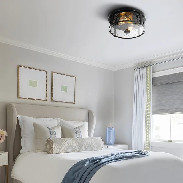 Alt view image 7 of 7 - Rustic Close to Ceiling Light Fixtures, Farmhouse Flush Mount Ceiling Lighting, Metal Cage Lighting with Seeded Glass Black Cage for Home Kitchen Dining Room Bedroom Hallway Entryway Foyer