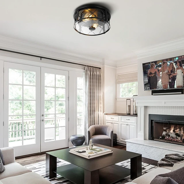 Alt view image 6 of 7 - Rustic Close to Ceiling Light Fixtures, Farmhouse Flush Mount Ceiling Lighting, Metal Cage Lighting with Seeded Glass Black Cage for Home Kitchen Dining Room Bedroom Hallway Entryway Foyer