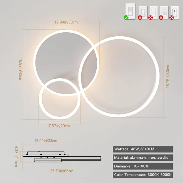 Alt view image 5 of 7 - O'NEELDY Modern 3 Ring LED Chandelier Lamp Fixture White 25.59''Dimmable Acrylic Flush Mount Ceiling Lights with Remote Control Ideal for Small Room, Kitchen, Bedroom
