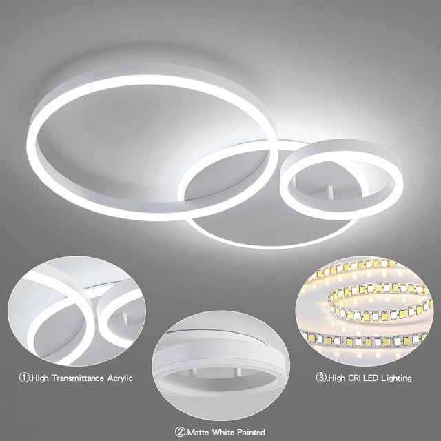 Alt view image 6 of 7 - O'NEELDY Modern 3 Ring LED Chandelier Lamp Fixture White 25.59''Dimmable Acrylic Flush Mount Ceiling Lights with Remote Control Ideal for Small Room, Kitchen, Bedroom