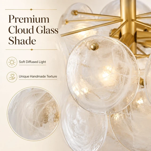 Alt view image 2 of 7 - Flush Mount Ceiling Light Chandelier, Gold Glass Mid Century Modern Chandelier Foyer Light Fixtures Ceiling Mount 4 Light with Unique White Round Glass Sheet for Living room Bedroom Entryway Kitchen