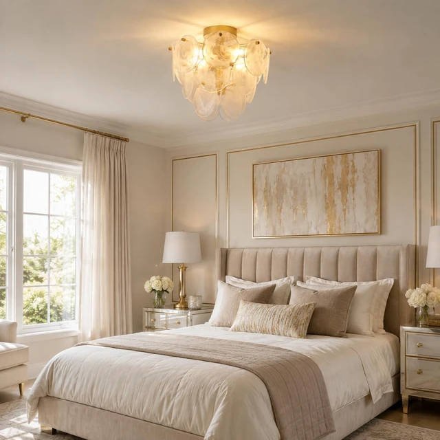 Alt view image 5 of 7 - Flush Mount Ceiling Light Chandelier, Gold Glass Mid Century Modern Chandelier Foyer Light Fixtures Ceiling Mount 4 Light with Unique White Round Glass Sheet for Living room Bedroom Entryway Kitchen