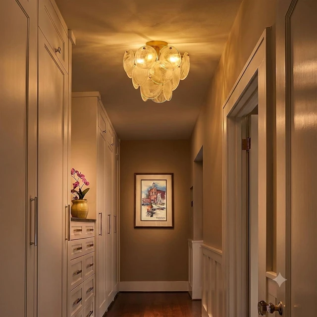 Alt view image 6 of 7 - Flush Mount Ceiling Light Chandelier, Gold Glass Mid Century Modern Chandelier Foyer Light Fixtures Ceiling Mount 4 Light with Unique White Round Glass Sheet for Living room Bedroom Entryway Kitchen