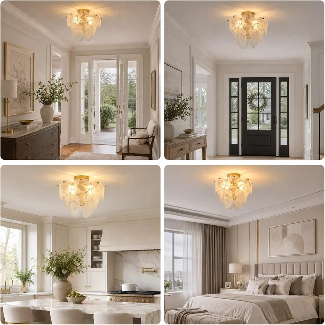 Alt view image 7 of 7 - Flush Mount Ceiling Light Chandelier, Gold Glass Mid Century Modern Chandelier Foyer Light Fixtures Ceiling Mount 4 Light with Unique White Round Glass Sheet for Living room Bedroom Entryway Kitchen