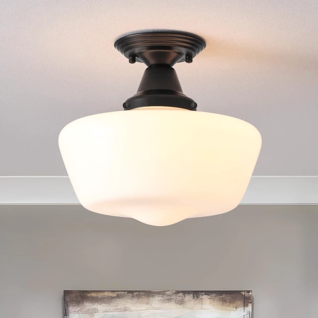 Main image of Schoolhouse Light Fixture, 12 Inch Black Finish with Milk Glass Semi Flush Mount Ceiling Light, Ceiling Light Fixture for Kitchen Hallway Entryway