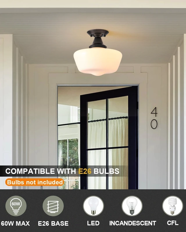 Alt view image 2 of 6 - Schoolhouse Light Fixture, 12 Inch Black Finish with Milk Glass Semi Flush Mount Ceiling Light, Ceiling Light Fixture for Kitchen Hallway Entryway