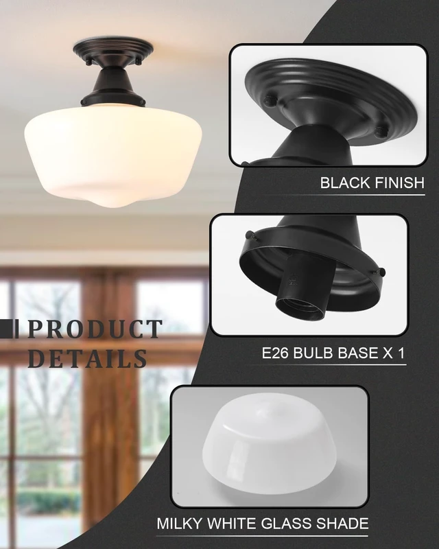 Alt view image 3 of 6 - Schoolhouse Light Fixture, 12 Inch Black Finish with Milk Glass Semi Flush Mount Ceiling Light, Ceiling Light Fixture for Kitchen Hallway Entryway