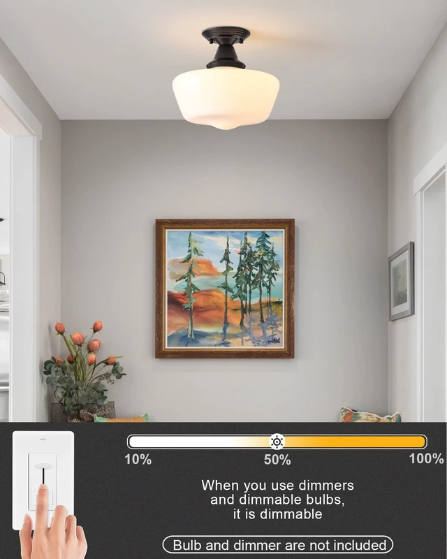 Alt view image 4 of 6 - Schoolhouse Light Fixture, 12 Inch Black Finish with Milk Glass Semi Flush Mount Ceiling Light, Ceiling Light Fixture for Kitchen Hallway Entryway
