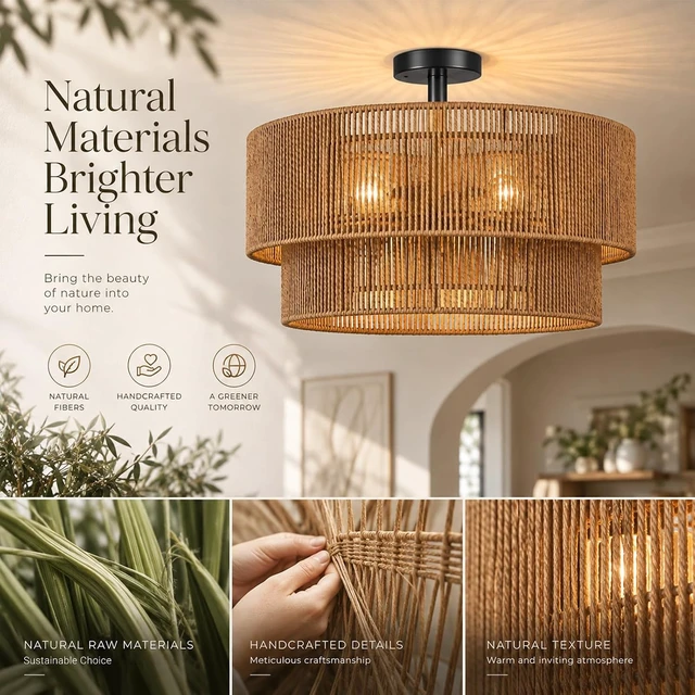 Alt view image 2 of 7 - Hamilyeah 24" Black Semi Flush Mount Ceiling Light, Double-Layer Woven Rope