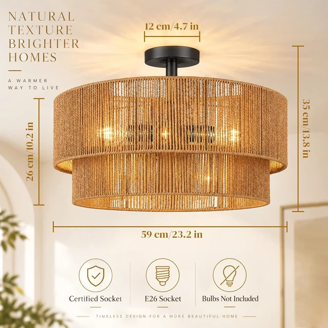 Alt view image 3 of 7 - Hamilyeah 24" Black Semi Flush Mount Ceiling Light, Double-Layer Woven Rope