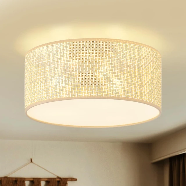 Main image of 13Inch Boho Semi Flush Mount Ceiling Light,Natural Woven Drum 3-Light Ciling Fixture for Bedroom,Living Room,Dining Room,Kitchen,Hallway,Entryway,Coastal and Scandinavian Style Lighting