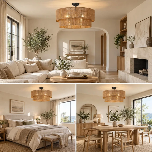 Alt view image 4 of 7 - Hamilyeah 24" Black Semi Flush Mount Ceiling Light, Double-Layer Woven Rope