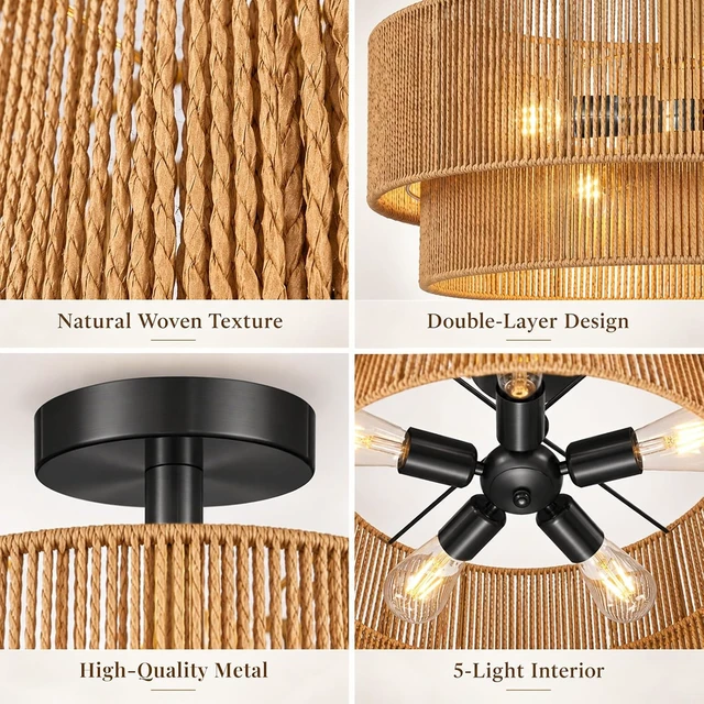 Alt view image 5 of 7 - Hamilyeah 24" Black Semi Flush Mount Ceiling Light, Double-Layer Woven Rope