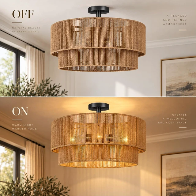 Alt view image 6 of 7 - Hamilyeah 24" Black Semi Flush Mount Ceiling Light, Double-Layer Woven Rope