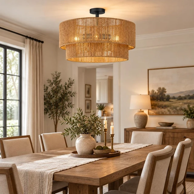Alt view image 7 of 7 - Hamilyeah 24" Black Semi Flush Mount Ceiling Light, Double-Layer Woven Rope